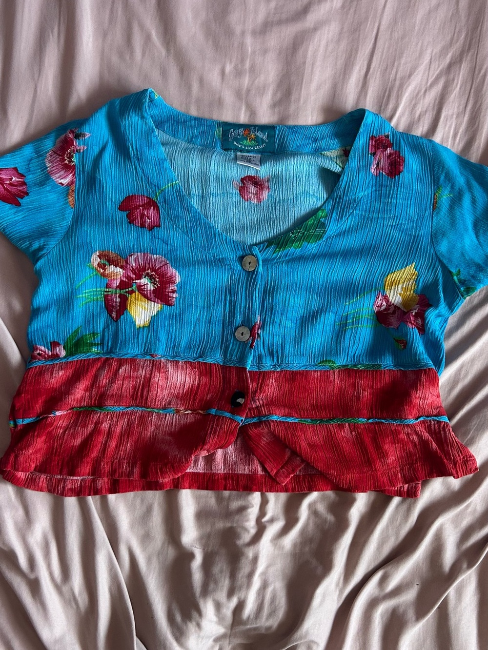 Women’s Bright Blue & Red Floral Button-Front Crop Top